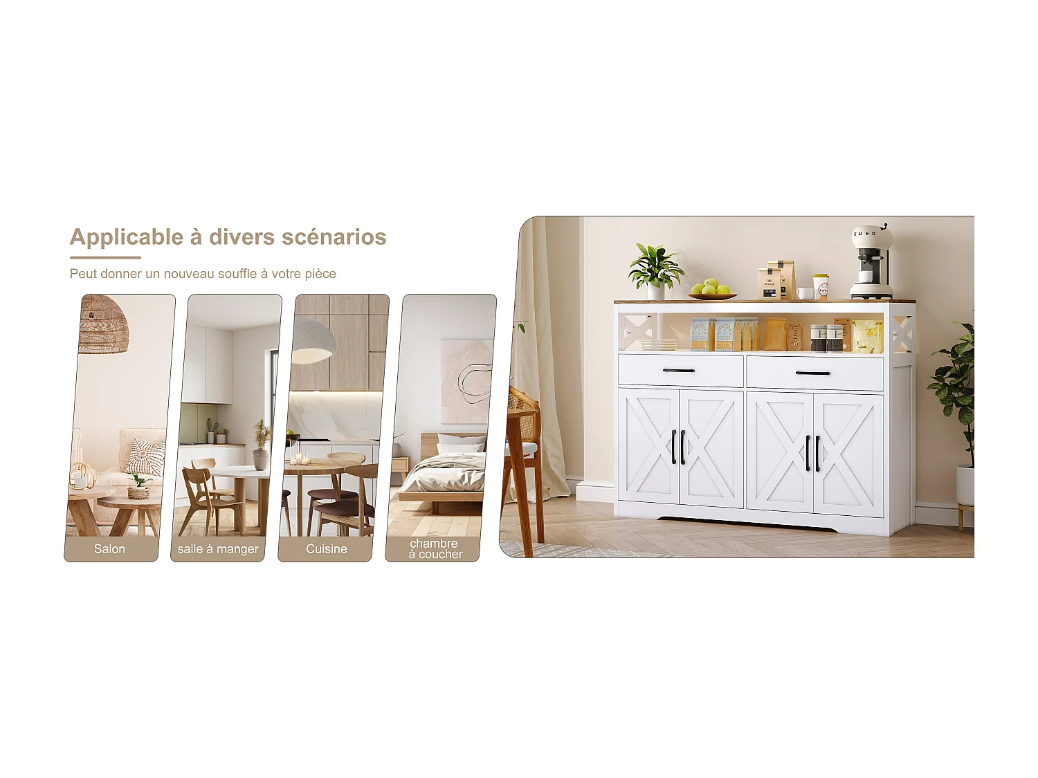 Buffet scandinave 2 tiroirs et 2 portes, 140 cm – Bois et blanc