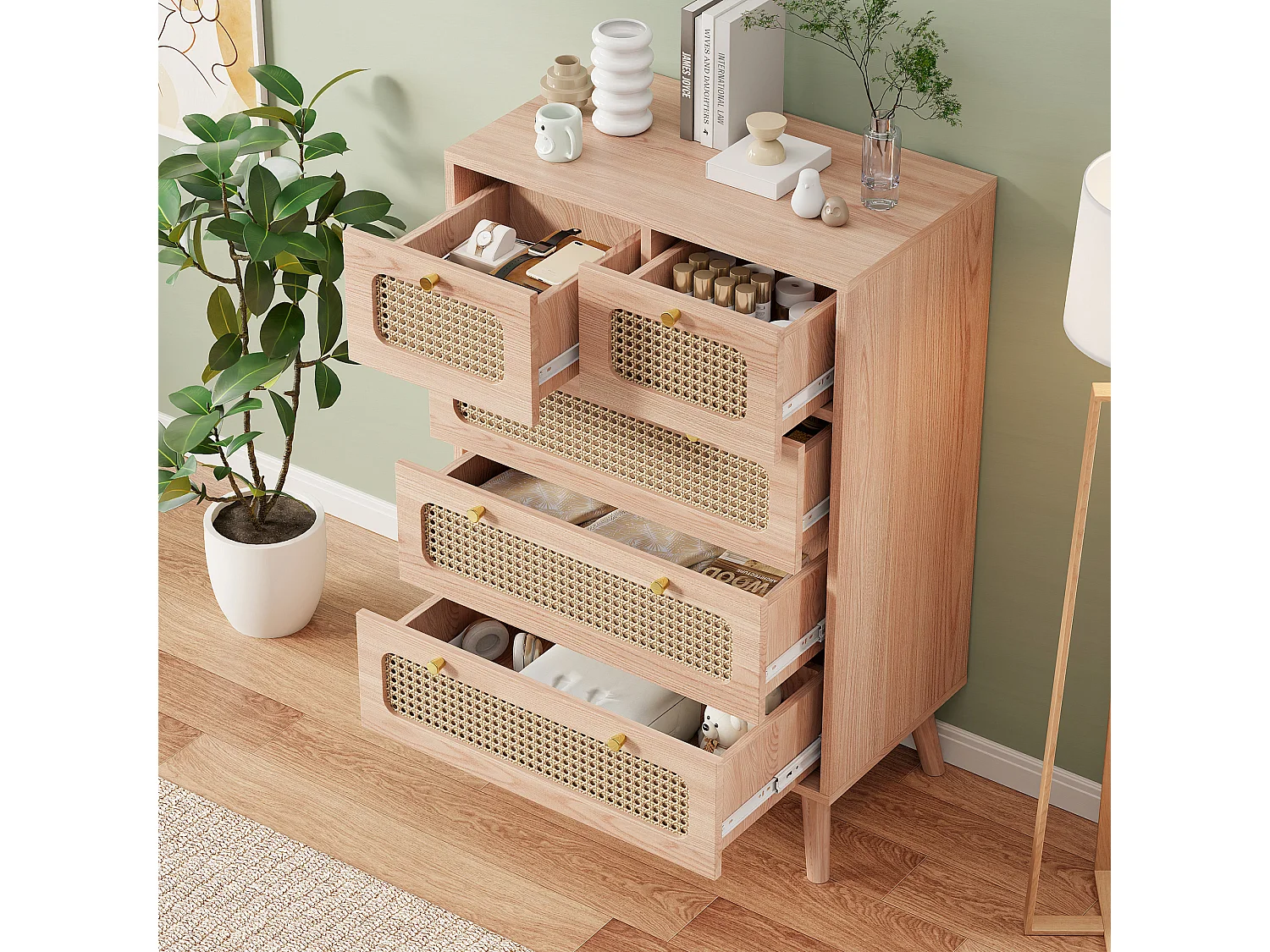 Commode en bois à 5 tiroirs en rotin naturel et poignées en métal – Style nordique moderne