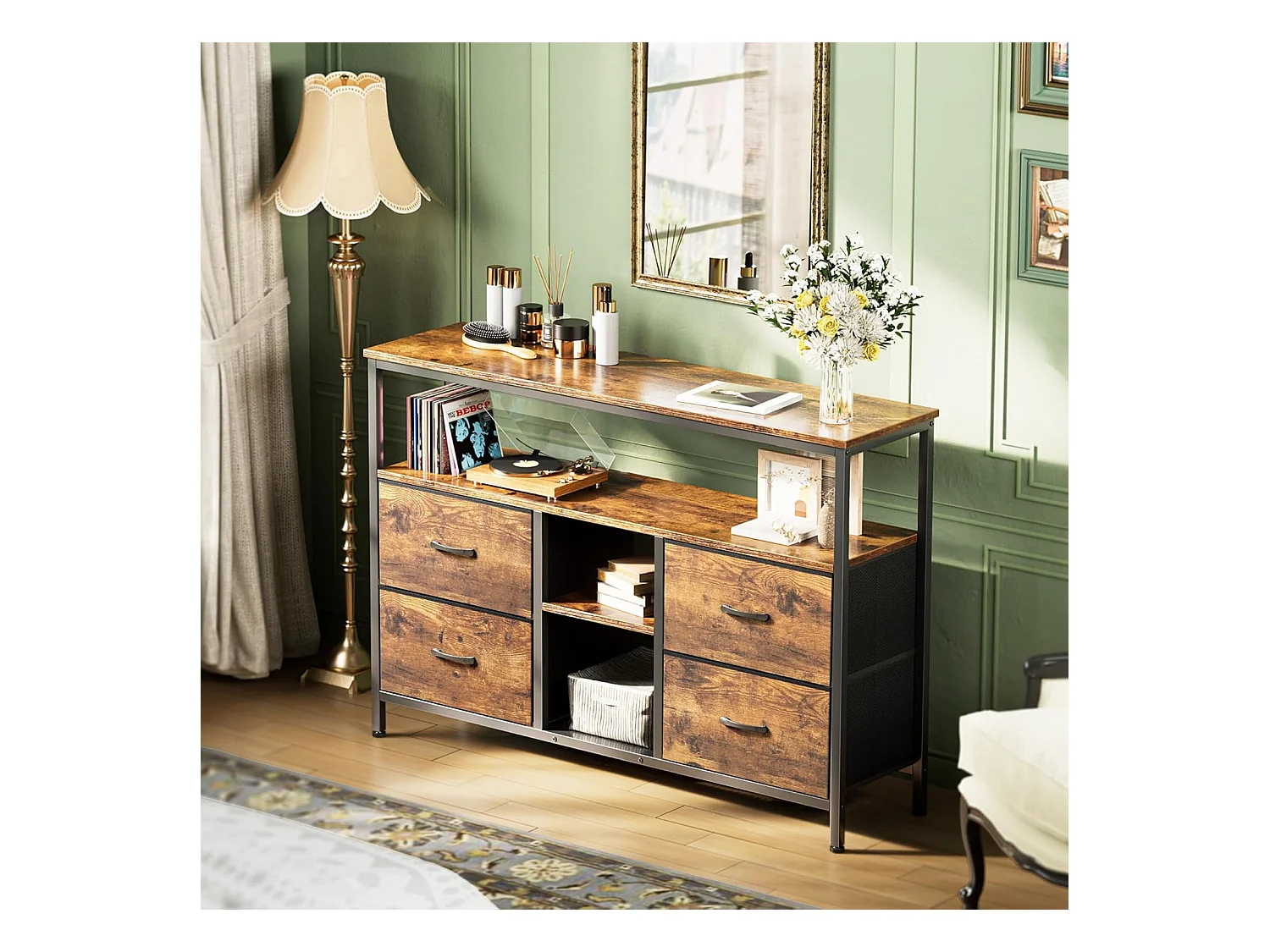 TV-Schrank mit RGB-LED, 4 Vintage-Stoffschubladen, Metallrahmen, 108 x 30 x 57 cm, verstellbares Regal