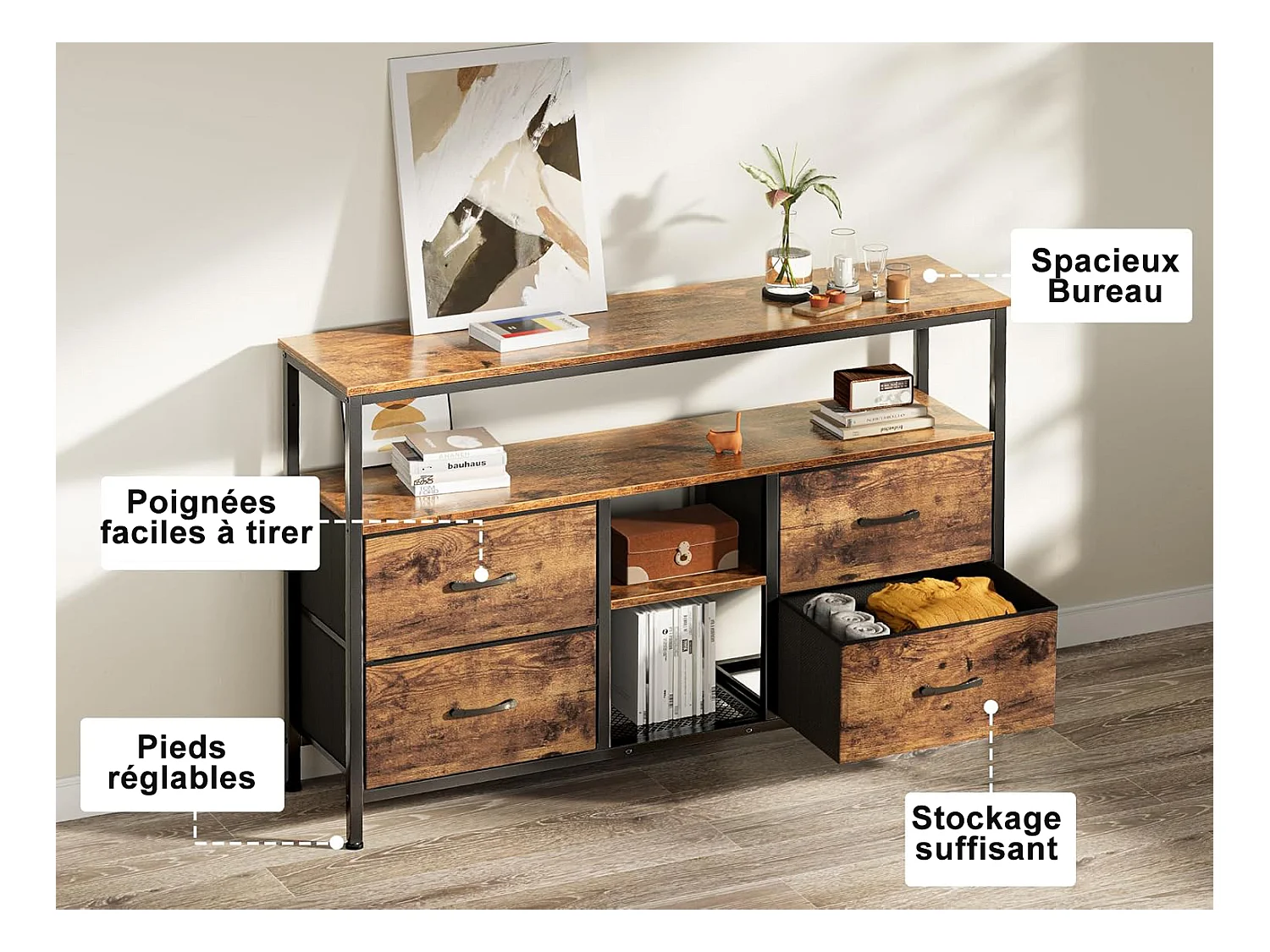 TV-Schrank mit RGB-LED, 4 Vintage-Stoffschubladen, Metallrahmen, 108 x 30 x 57 cm, verstellbares Regal