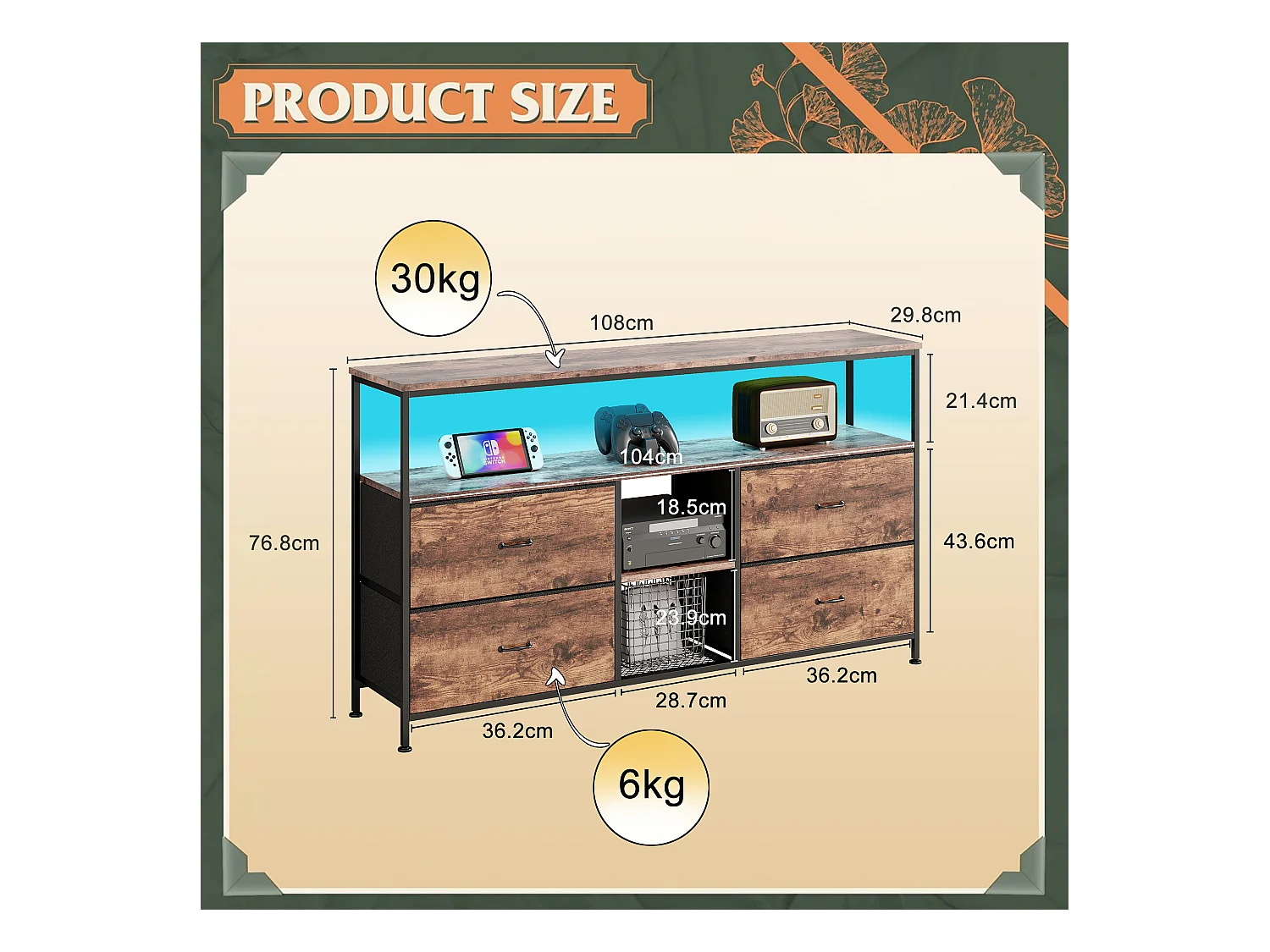 Meuble TV avec LED RGB, 4 tiroirs en tissu vintage, structure en métal, 108 x 30 x 57 cm, étagère réglable