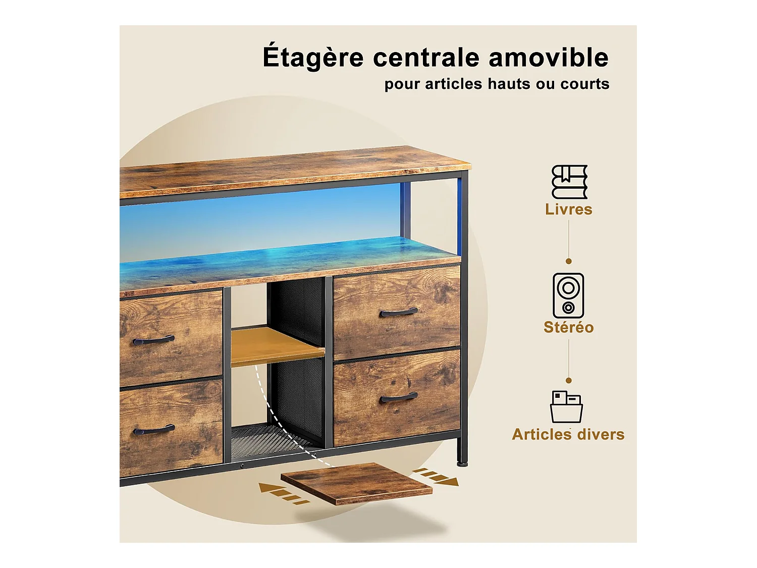 Meuble TV avec LED RGB, 4 tiroirs en tissu vintage, structure en métal, 108 x 30 x 57 cm, étagère réglable