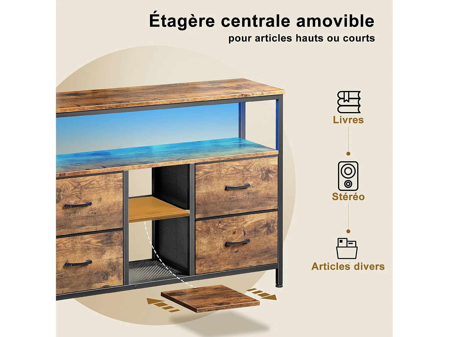 Meuble TV avec LED RGB, 4 tiroirs en tissu vintage, structure en métal, 108 x 30 x 57 cm, étagère réglable