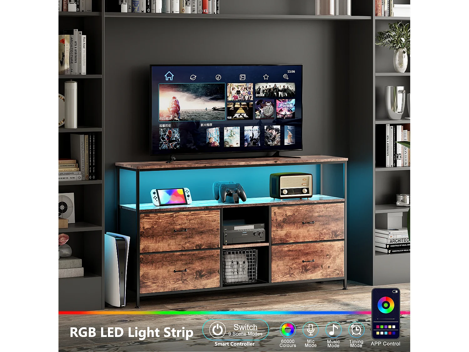 Meuble TV avec LED RGB, 4 tiroirs en tissu vintage, structure en métal, 108 x 30 x 57 cm, étagère réglable