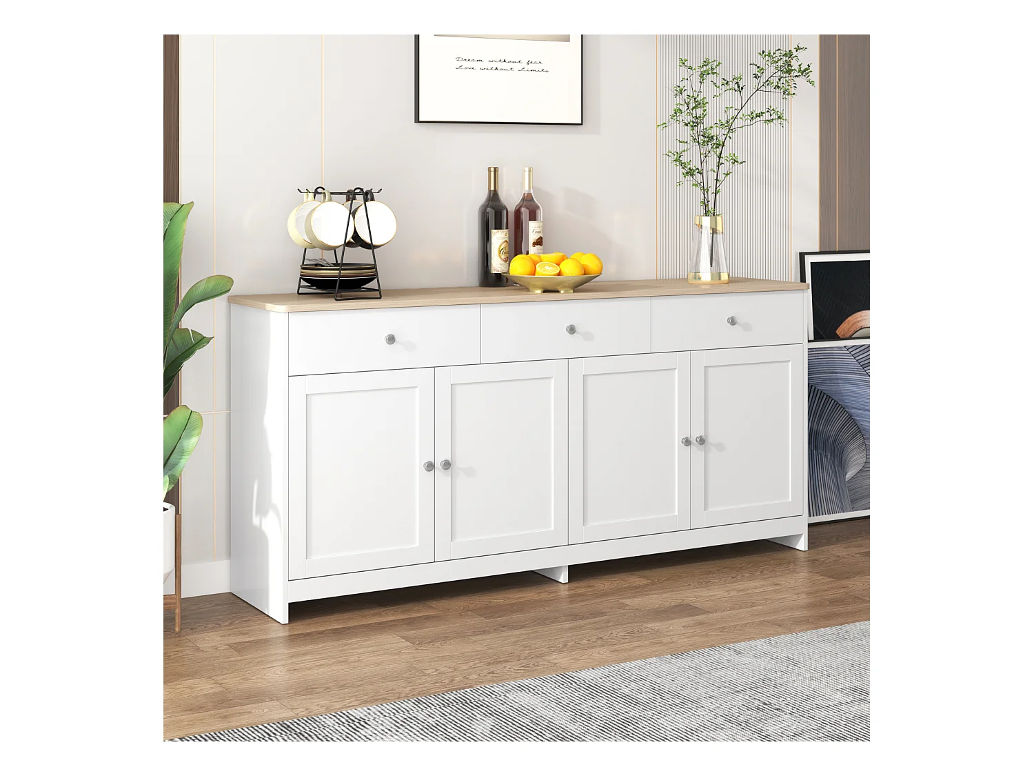 Buffet blanc 3 tiroirs et 4 portes, 160 cm, style moderne avec étagères réglables – Idéal pour salle à manger, cuisine ou salon