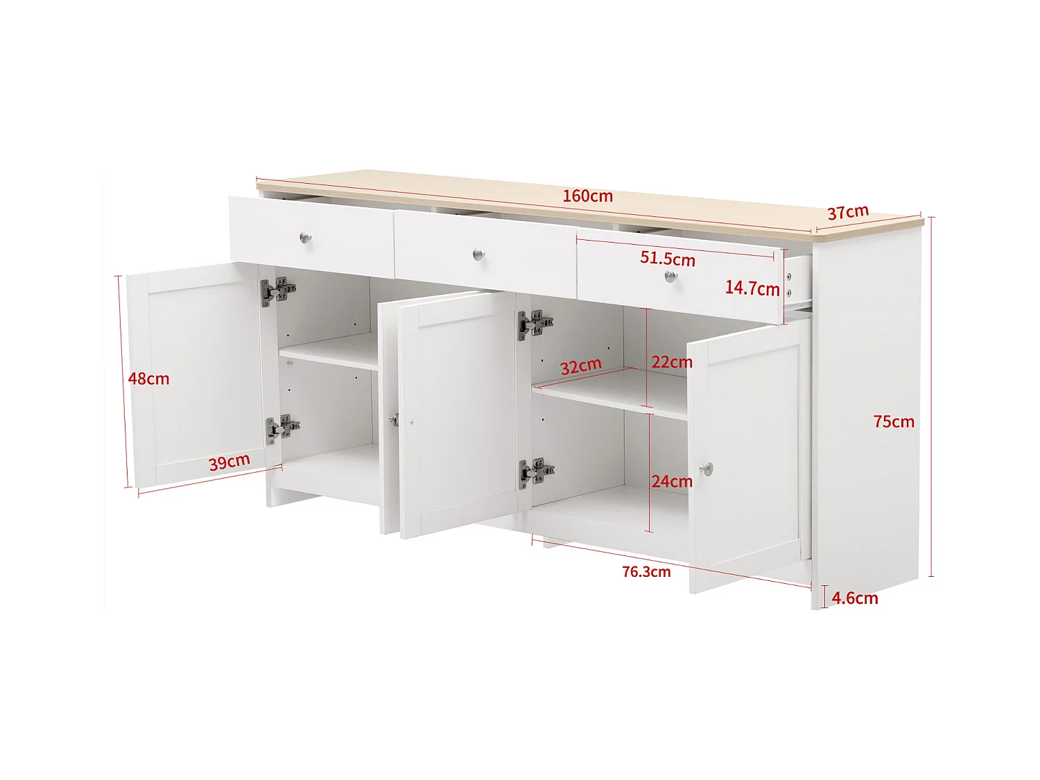 Buffet blanc 3 tiroirs et 4 portes, 160 cm, style moderne avec étagères réglables – Idéal pour salle à manger, cuisine ou salon
