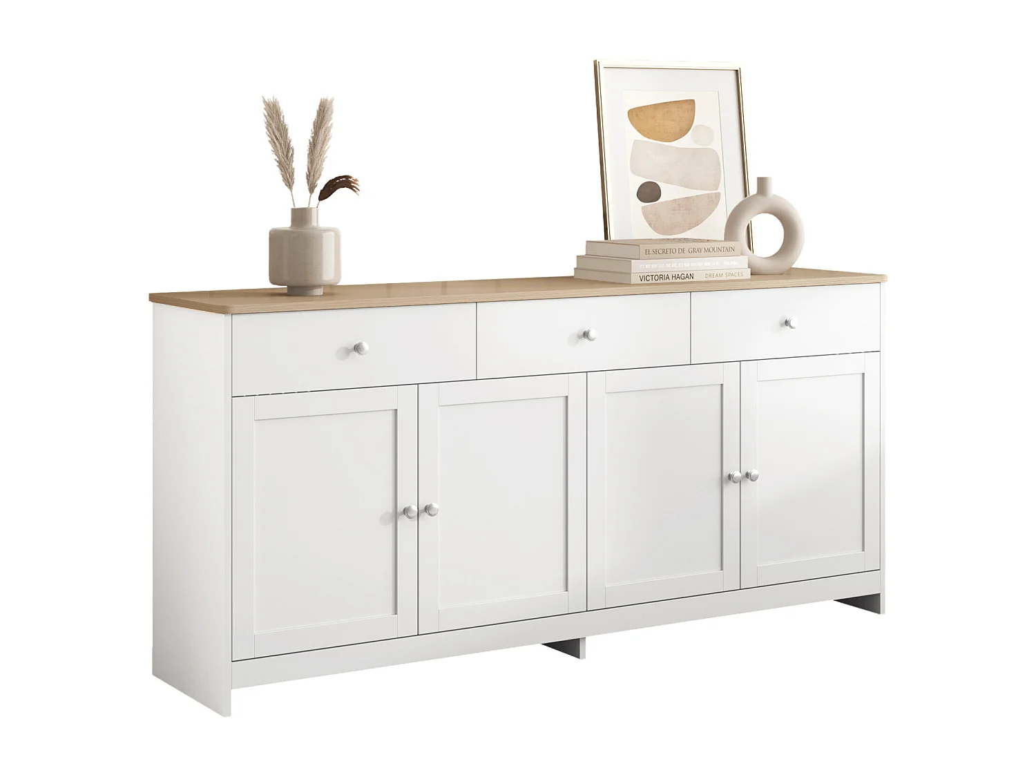 Buffet blanc 3 tiroirs et 4 portes, 160 cm, style moderne avec étagères réglables – Idéal pour salle à manger, cuisine ou salon