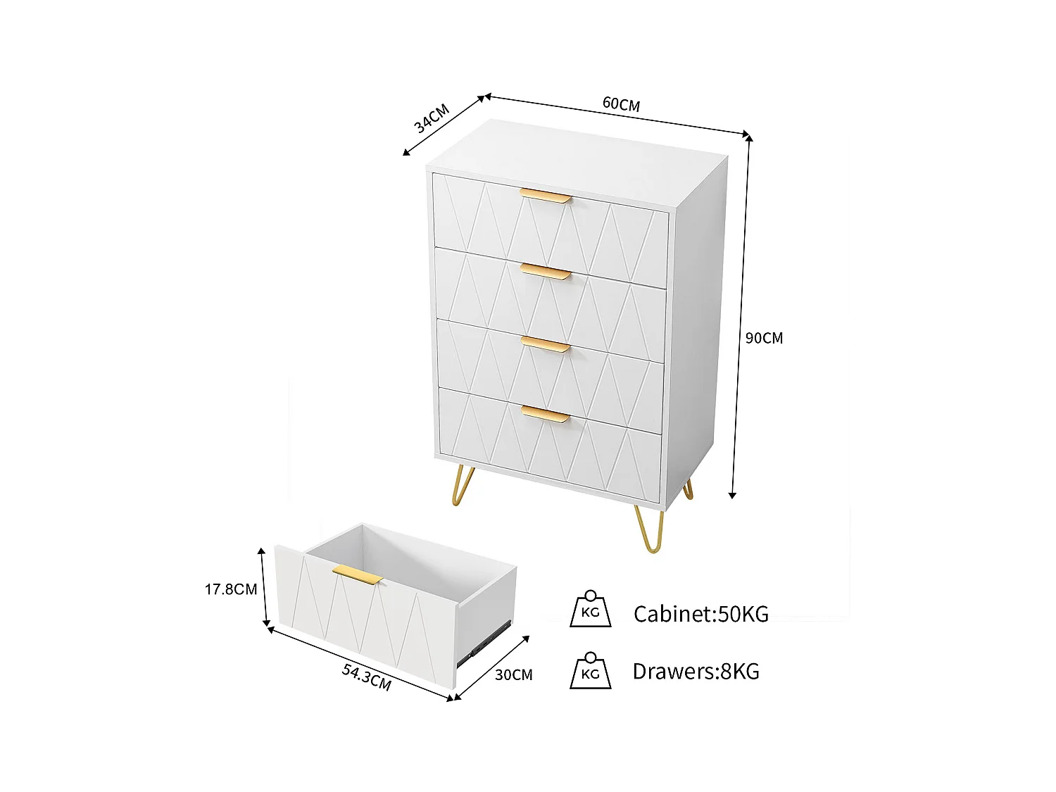 Moderne weiße Kommode mit 4 Schubladen, geometrisch strukturierter Front und goldenen Griffen