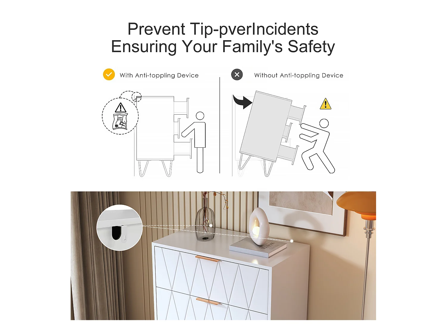 Moderne weiße Kommode mit 4 Schubladen, geometrisch strukturierter Front und goldenen Griffen