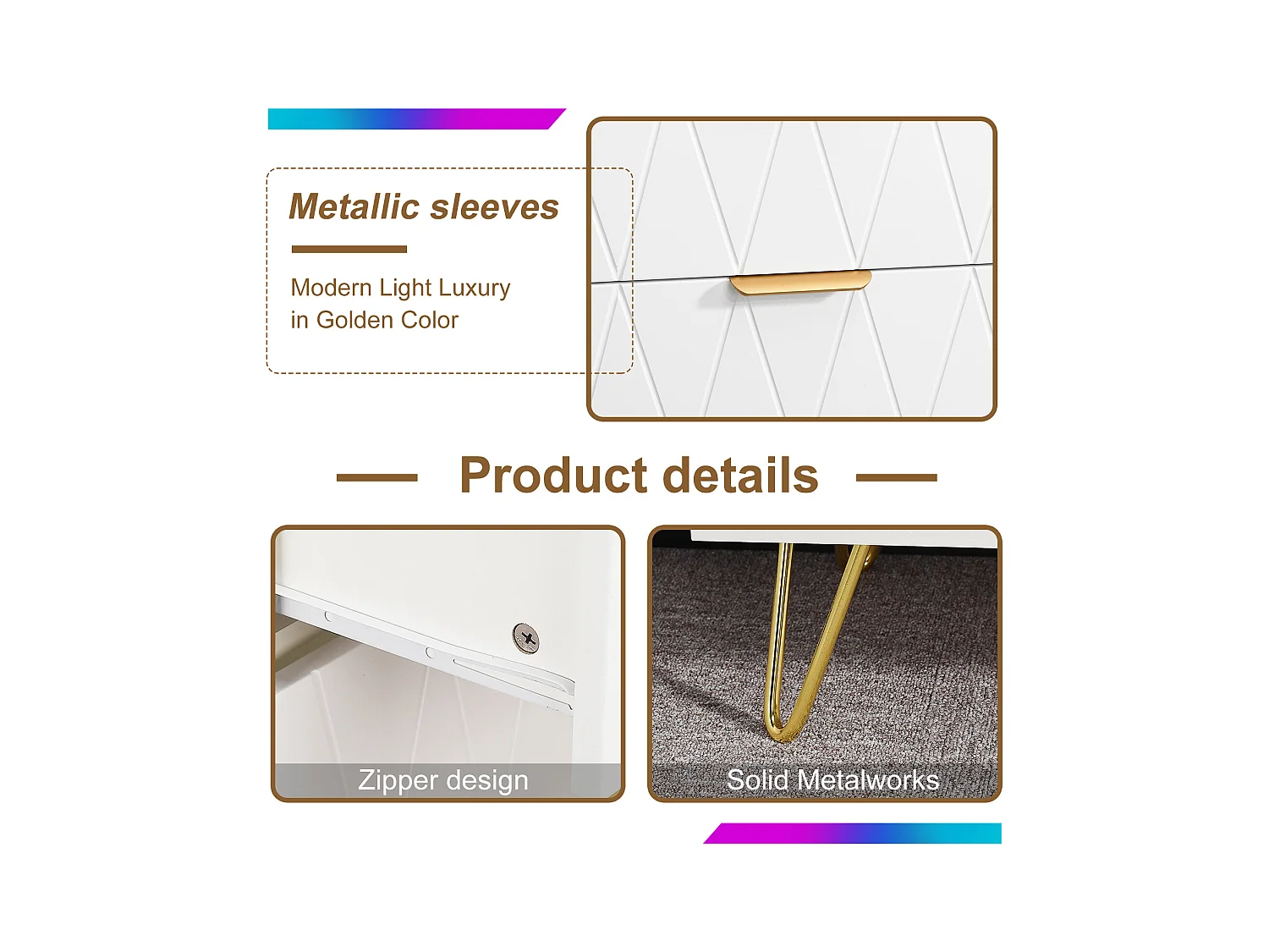 Commode blanche moderne à 4 tiroirs avec façade texturée géométrique et poignées dorées