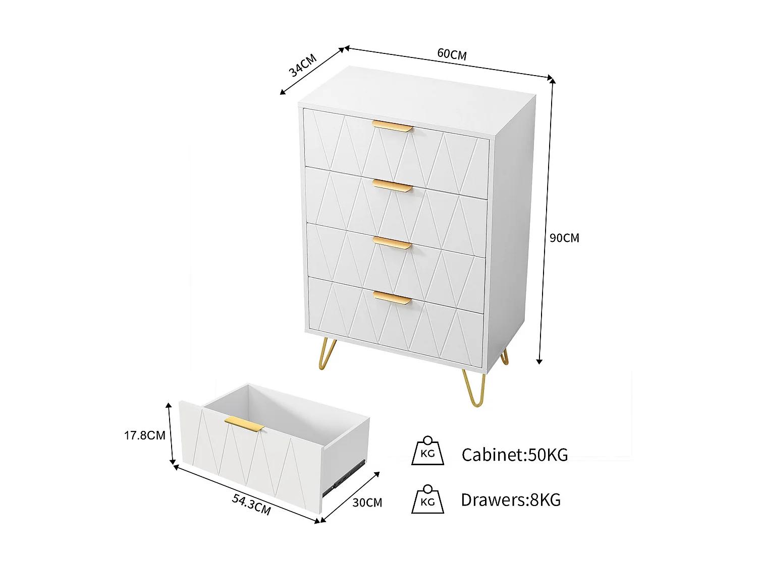 Commode blanche moderne à 4 tiroirs avec façade texturée géométrique et poignées dorées