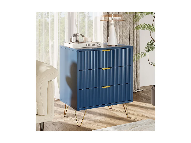 Moderner blauer Nachttisch mit 3 Schubladen und goldenen Füßen – elegantes und funktionales Design