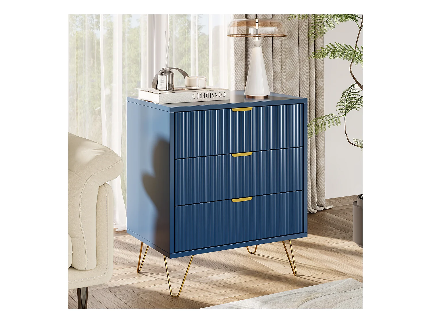 Modern blauw nachtkastje met 3 lades en gouden poten – elegant en functioneel ontwerp