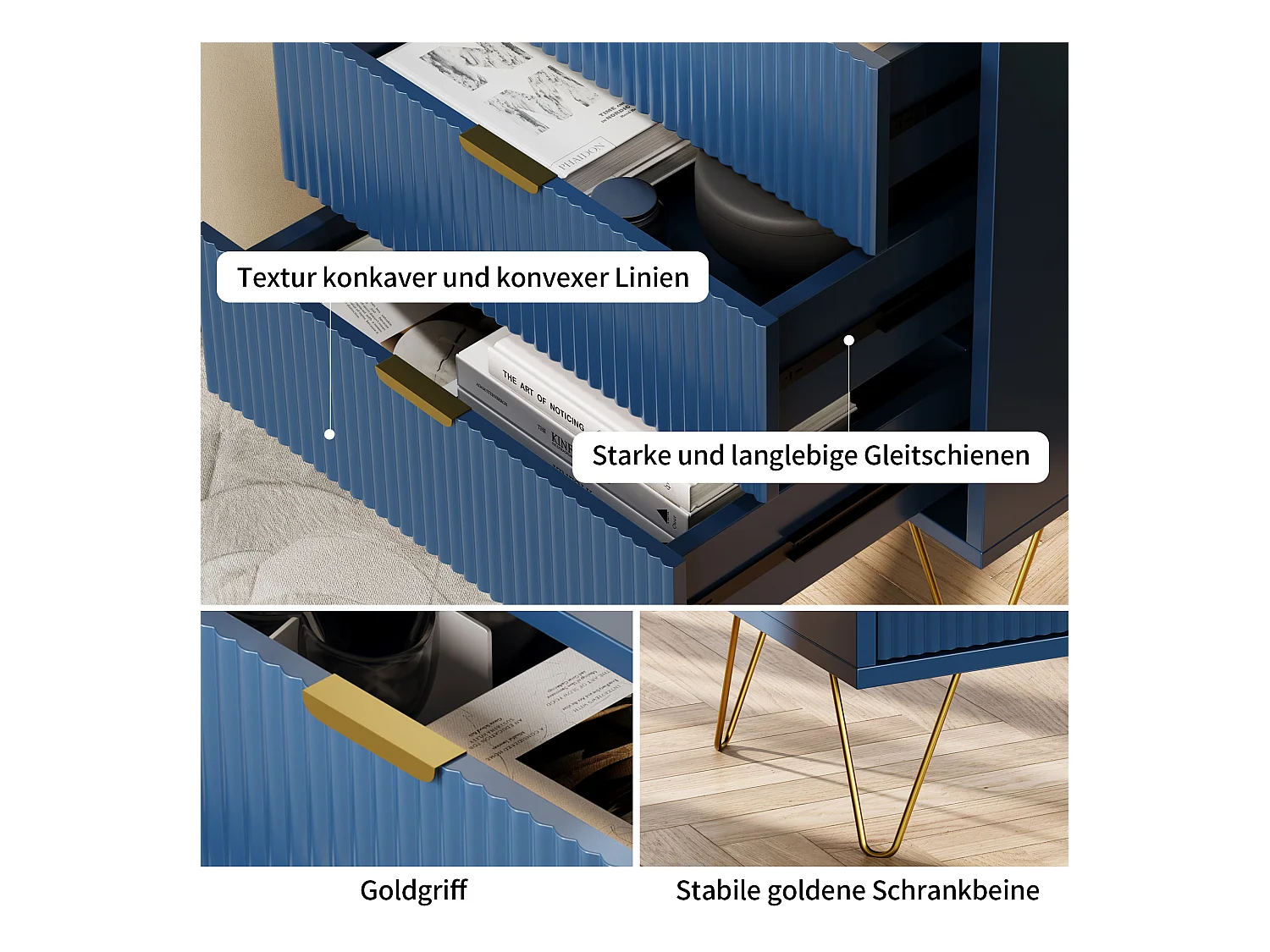 Modern blauw nachtkastje met 3 lades en gouden poten – elegant en functioneel ontwerp