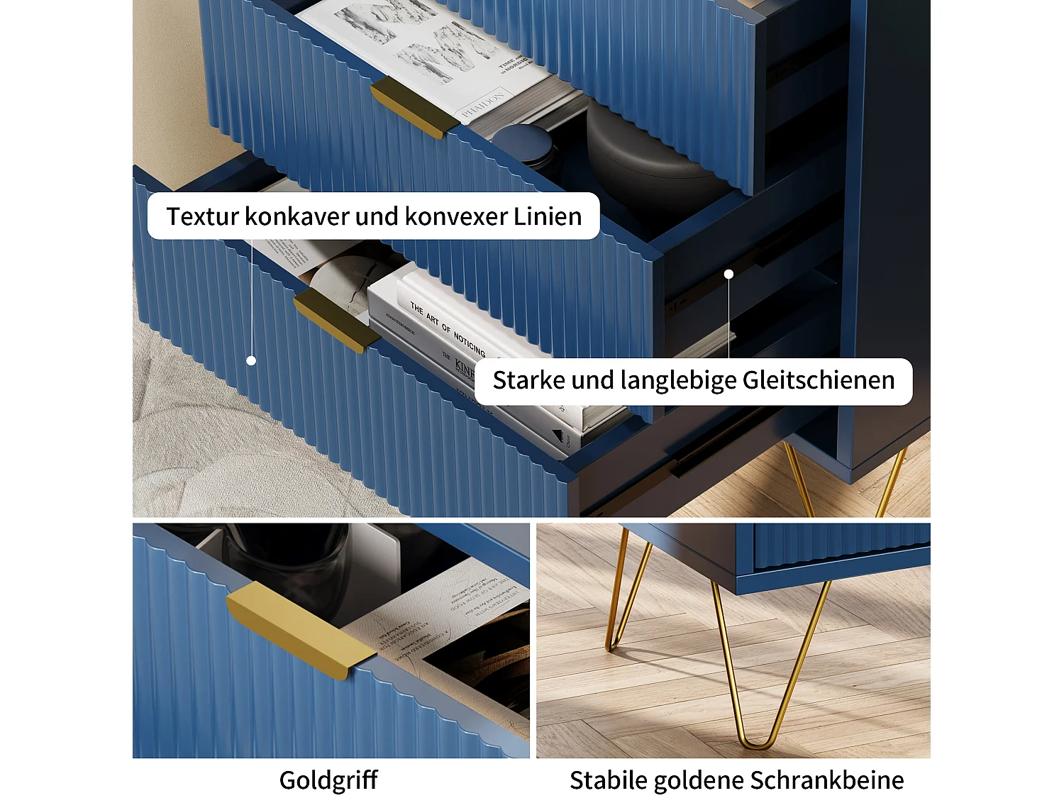 Table de chevet bleue moderne à 3 tiroirs et pieds dorés – Design élégant et fonctionnel