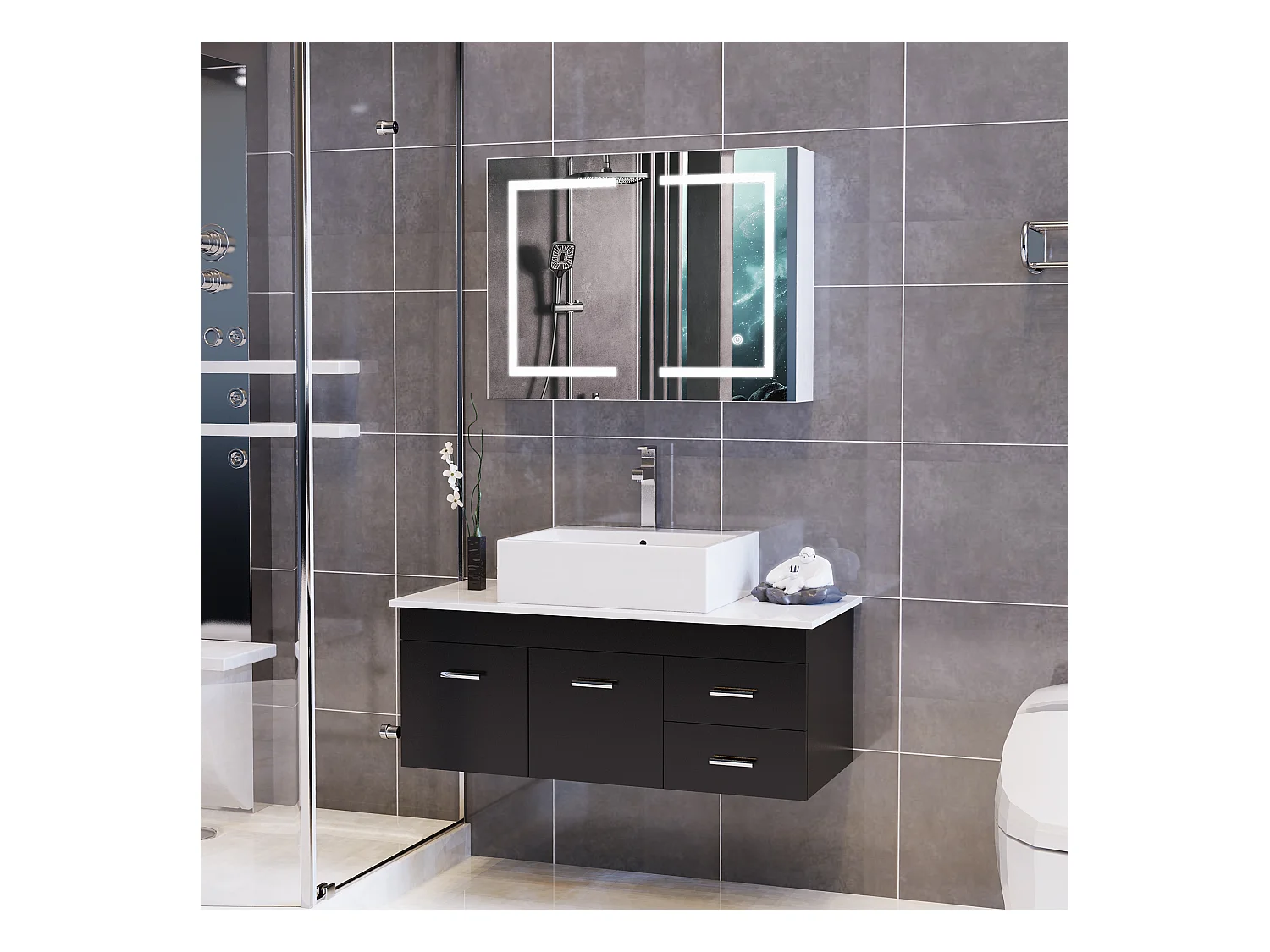 Mueble de baño con espejo LED inteligente, 2 puertas, 80 cm, luz regulable