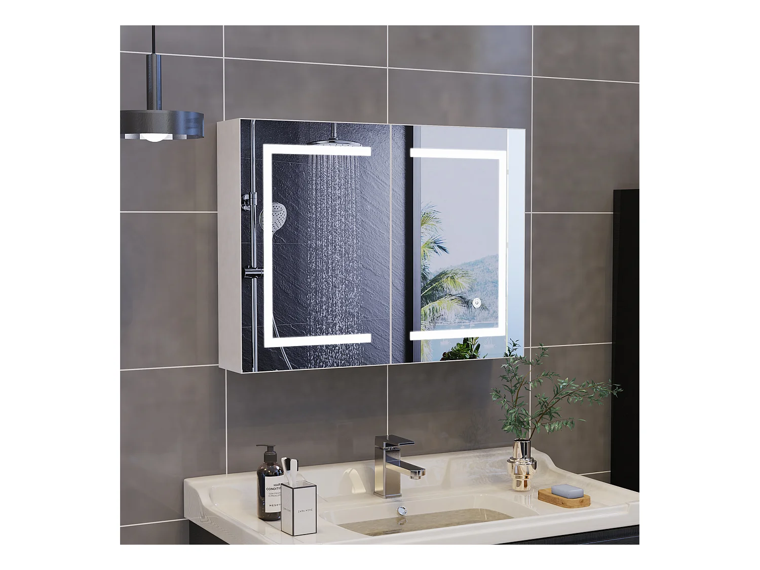 Mueble de baño con espejo LED inteligente, 2 puertas, 80 cm, luz regulable