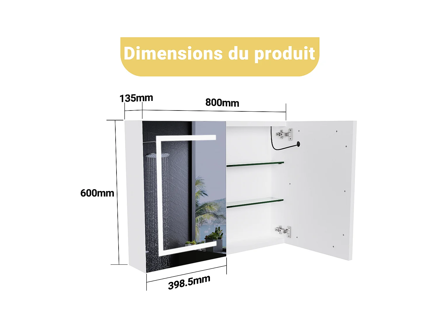 Mueble de baño con espejo LED inteligente, 2 puertas, 80 cm, luz regulable
