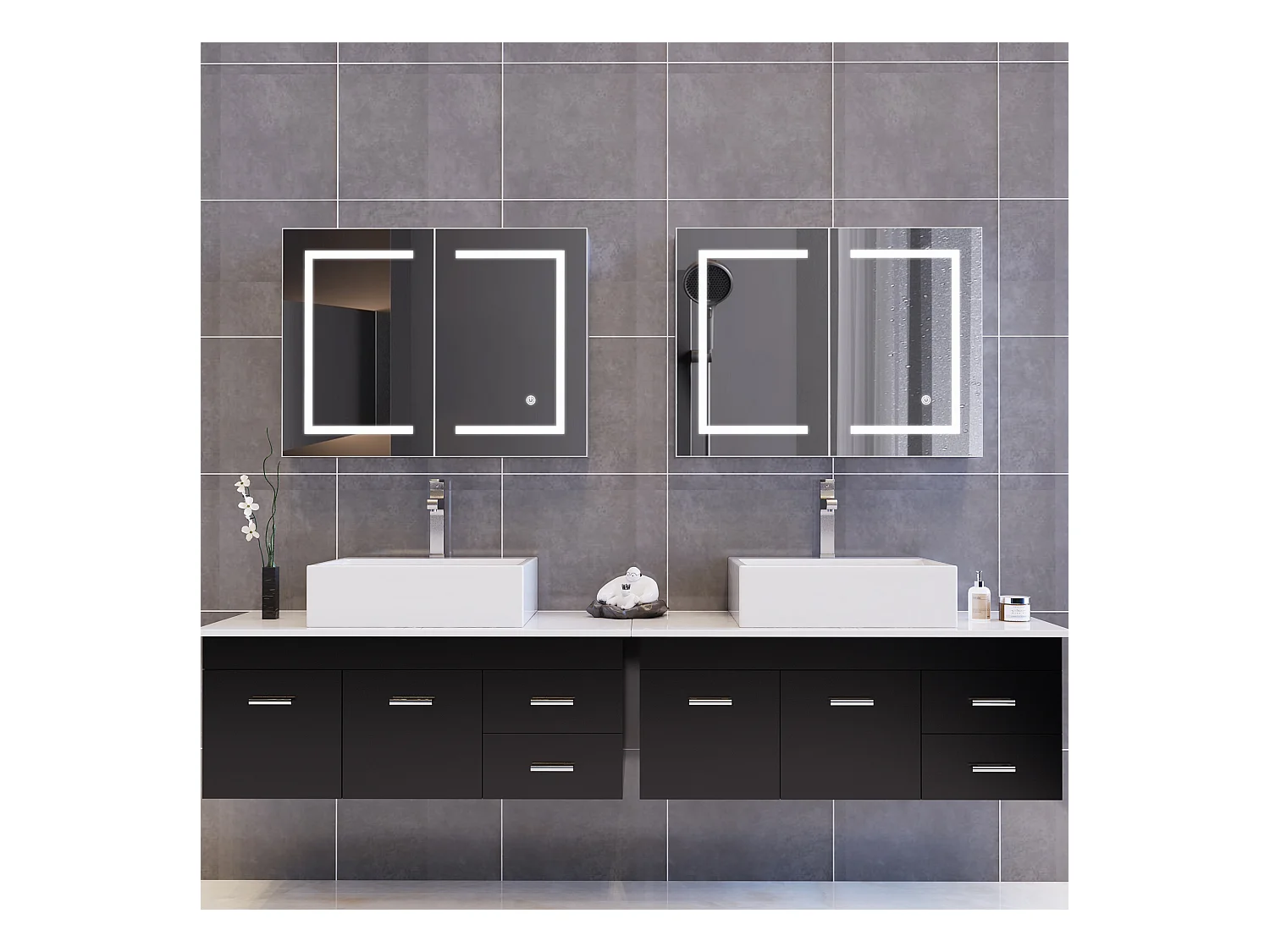 Mueble de baño con espejo LED inteligente, 2 puertas, 80 cm, luz regulable