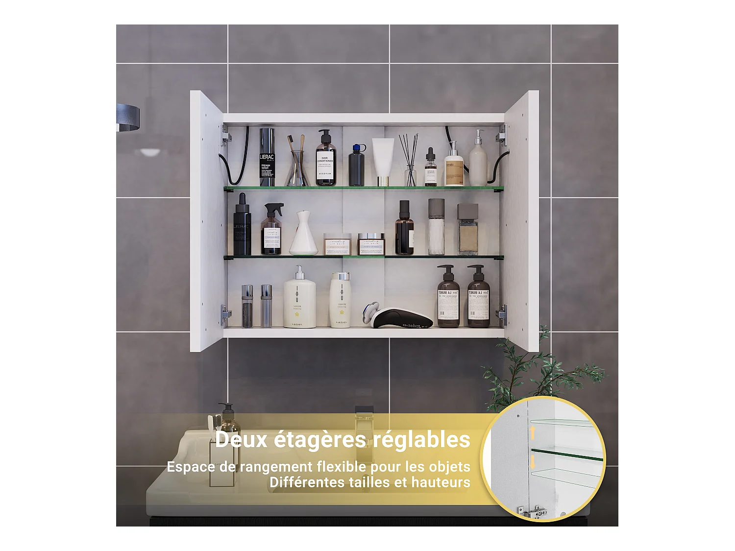 Mueble de baño con espejo LED inteligente, 2 puertas, 80 cm, luz regulable