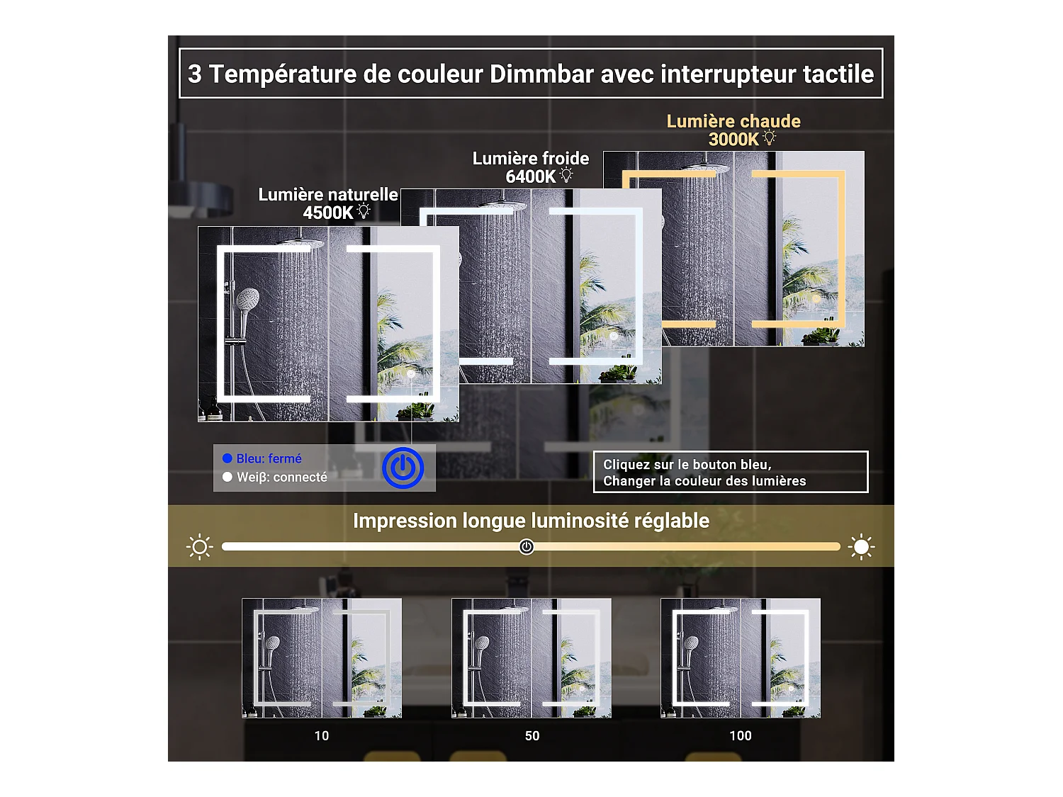 Mueble de baño con espejo LED inteligente, 2 puertas, 80 cm, luz regulable