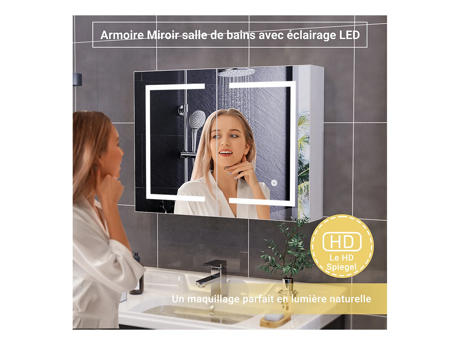 Mueble de baño con espejo LED inteligente, 2 puertas, 80 cm, luz regulable