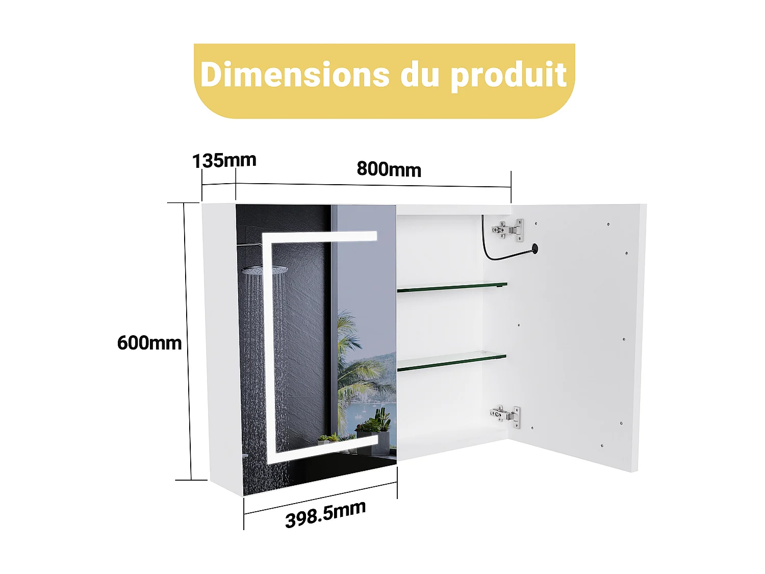 Meuble de salle de bain avec miroir LED intelligent, 2 portes, 80 cm, éclairage à intensité variable