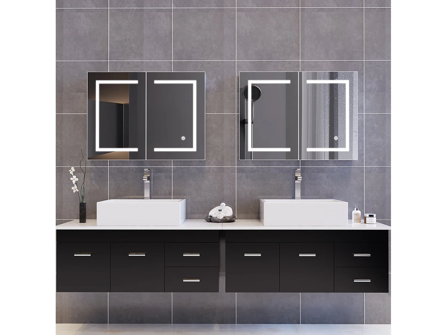 Meuble de salle de bain avec miroir LED intelligent, 2 portes, 80 cm, éclairage à intensité variable