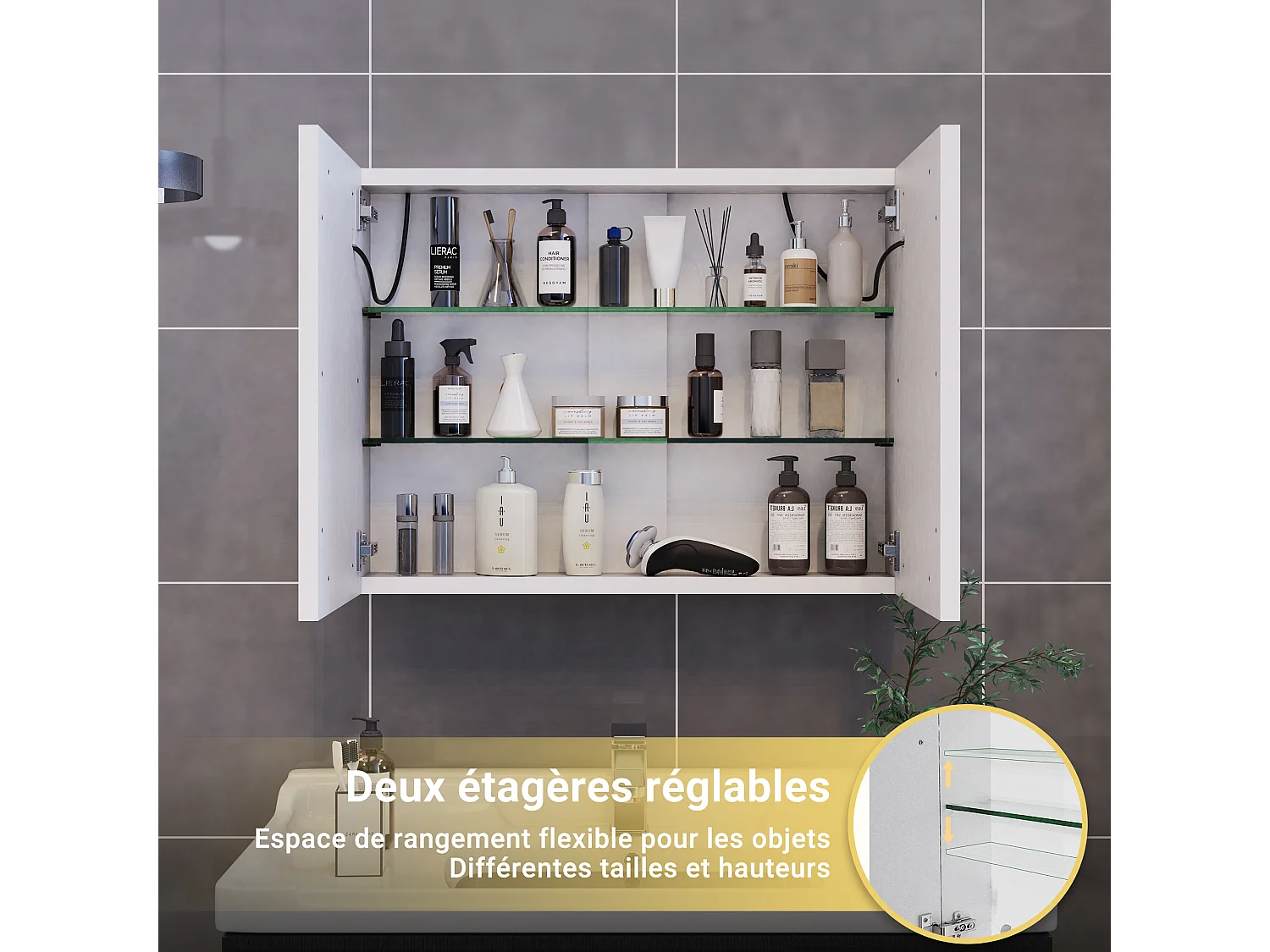 Meuble de salle de bain avec miroir LED intelligent, 2 portes, 80 cm, éclairage à intensité variable