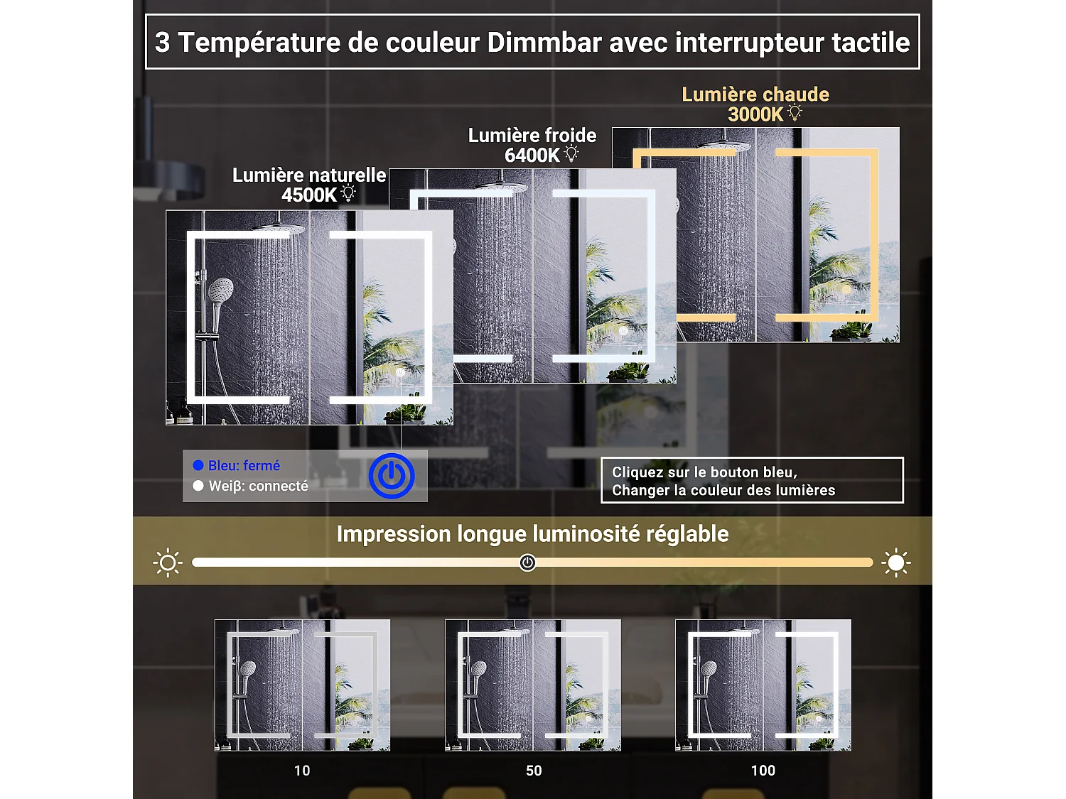 Meuble de salle de bain avec miroir LED intelligent, 2 portes, 80 cm, éclairage à intensité variable