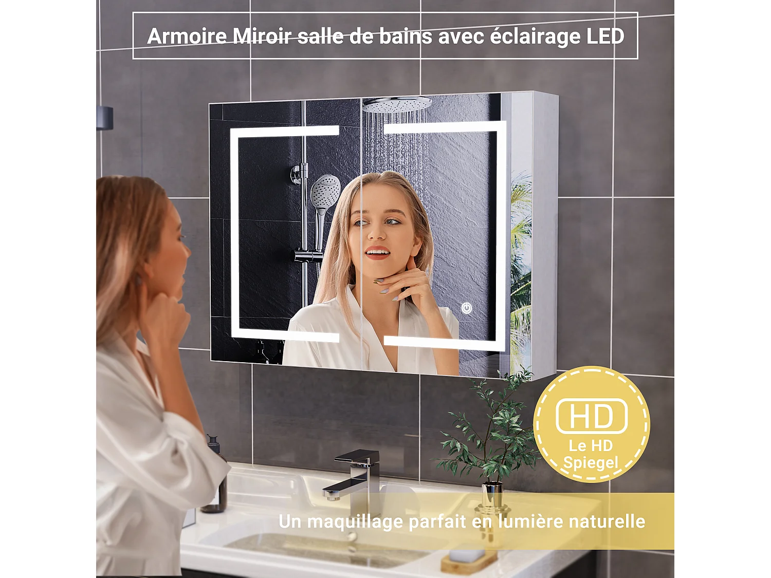 Meuble de salle de bain avec miroir LED intelligent, 2 portes, 80 cm, éclairage à intensité variable