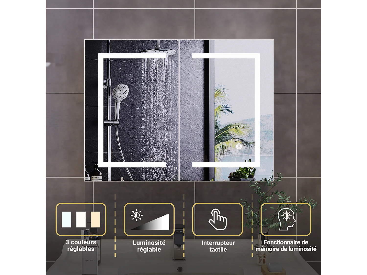 Meuble de salle de bain avec miroir LED intelligent, 2 portes, 80 cm, éclairage à intensité variable