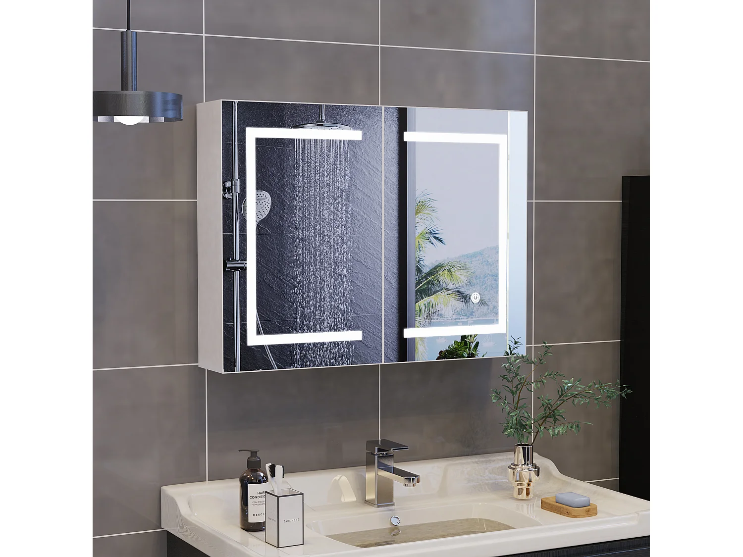 Meuble de salle de bain avec miroir LED intelligent, 2 portes, 80 cm, éclairage à intensité variable