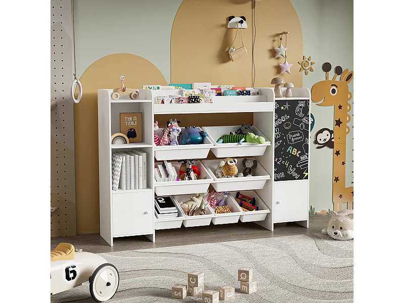 Multifunktionales Kinderbücherregal mit Aufbewahrungsbox, Regalen und Zeichenbrett – 137 x 94,5 cm