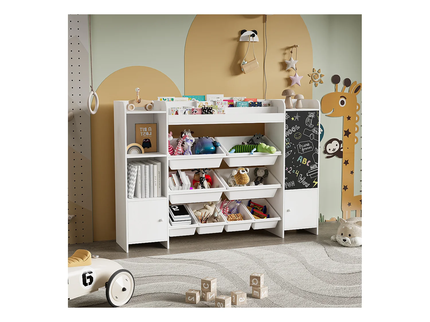 Bibliothèque multifonctionnelle pour enfants avec coffre de rangement, étagères et planche à dessin – 137 x 94,5 cm
