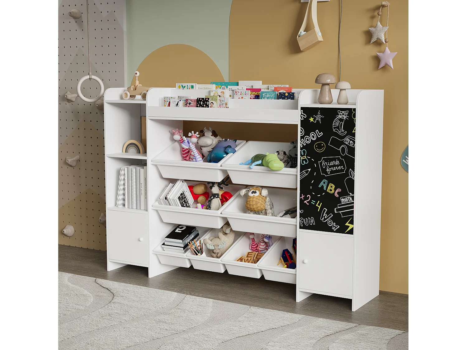 Bibliothèque multifonctionnelle pour enfants avec coffre de rangement, étagères et planche à dessin – 137 x 94,5 cm