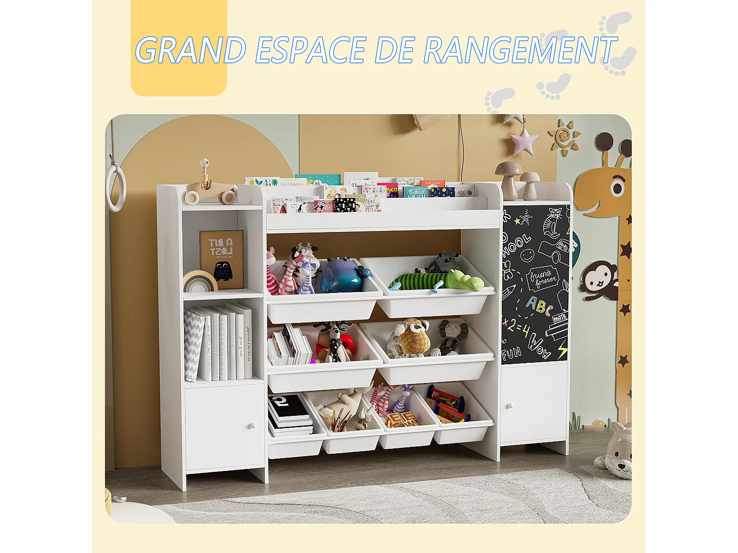 Bibliothèque multifonctionnelle pour enfants avec coffre de rangement, étagères et planche à dessin – 137 x 94,5 cm