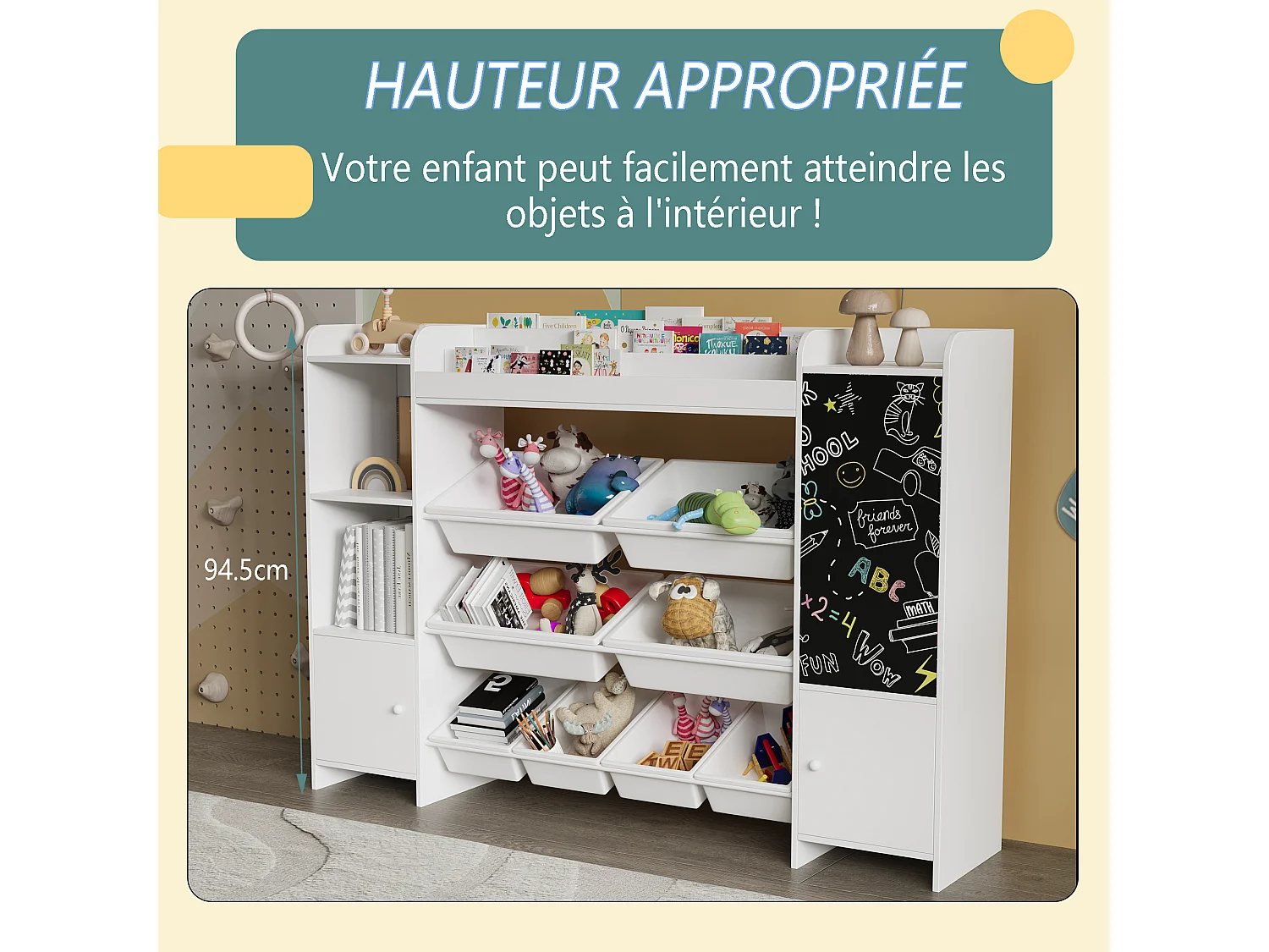 Bibliothèque multifonctionnelle pour enfants avec coffre de rangement, étagères et planche à dessin – 137 x 94,5 cm