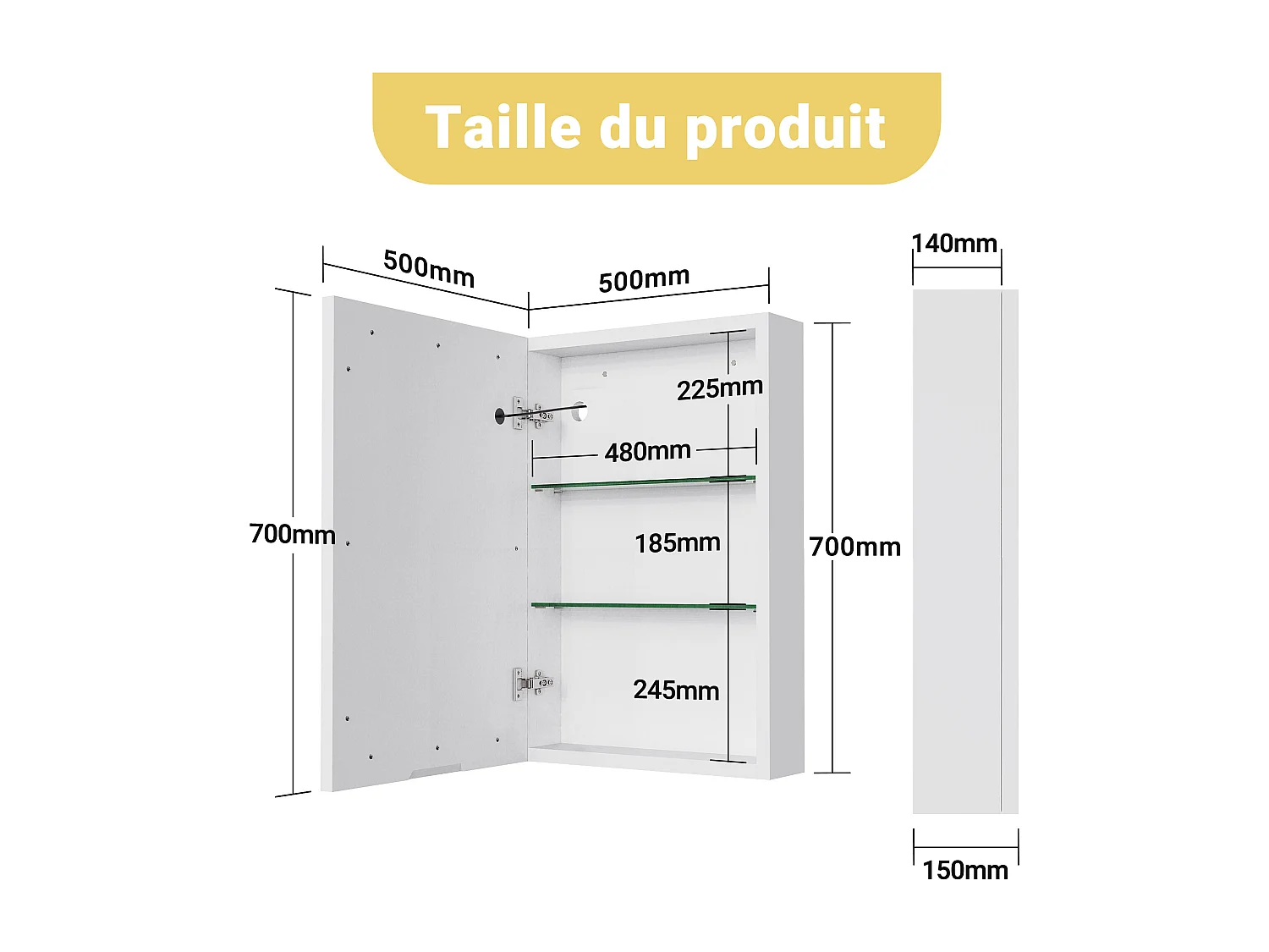 Meuble de salle de bain avec miroir LED 50 x 70 cm, étagères réglables et interrupteur tactile – MDF blanc résistant à l'humidité