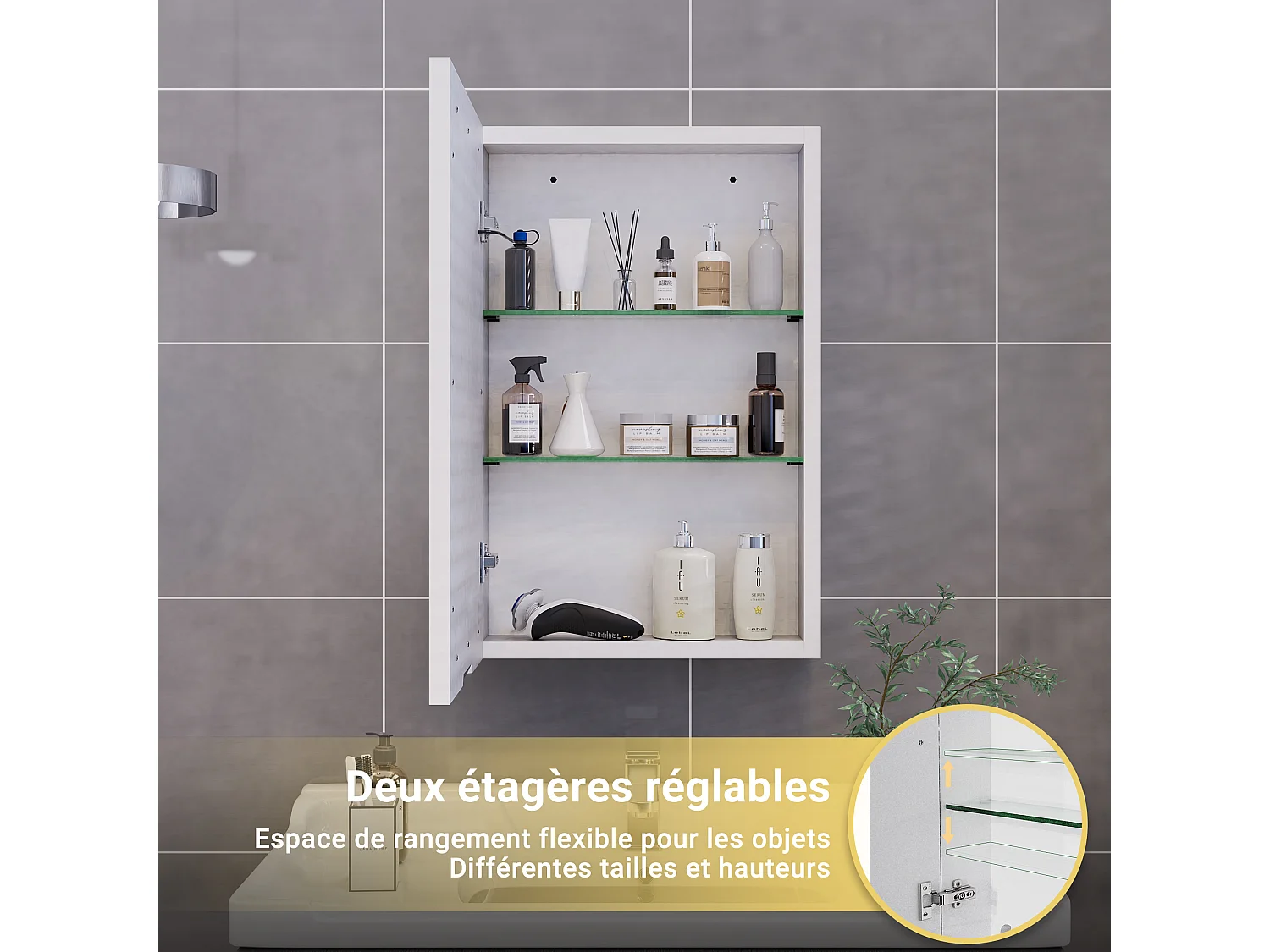Meuble de salle de bain avec miroir LED 50 x 70 cm, étagères réglables et interrupteur tactile – MDF blanc résistant à l'humidité