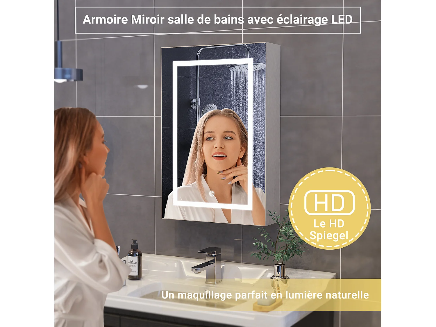 Meuble de salle de bain avec miroir LED 50 x 70 cm, étagères réglables et interrupteur tactile – MDF blanc résistant à l'humidité