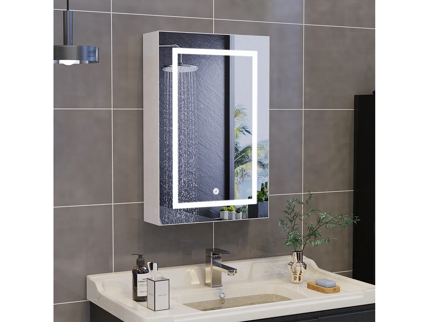 Badezimmerschrank mit 50 x 70 cm großem LED-Spiegel, verstellbaren Regalen und Touch-Schalter – weißes, feuchtigkeitsbeständiges MDF
