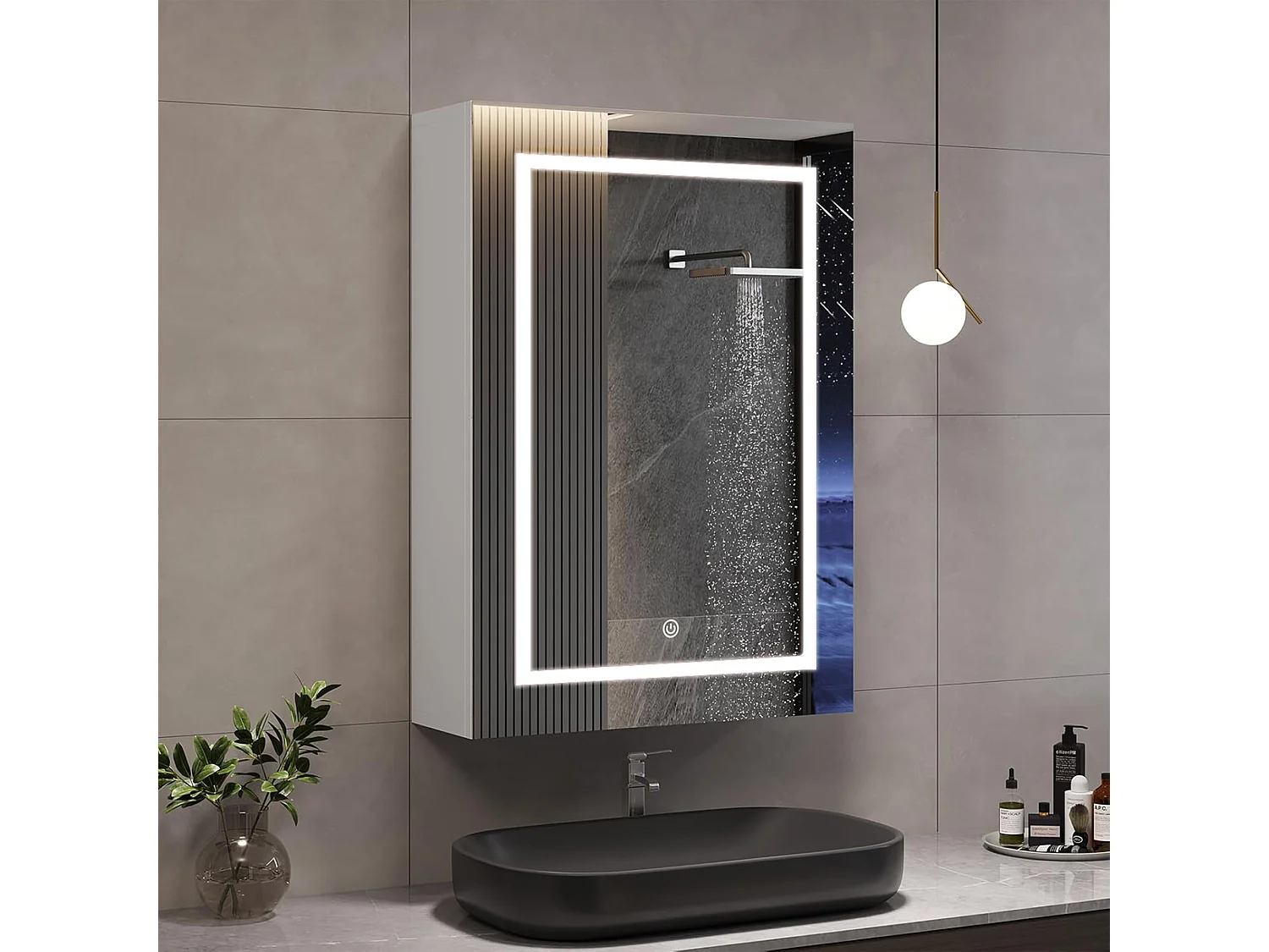 Badezimmerschrank mit 50 x 70 cm großem LED-Spiegel, verstellbaren Regalen und Touch-Schalter – weißes, feuchtigkeitsbeständiges MDF