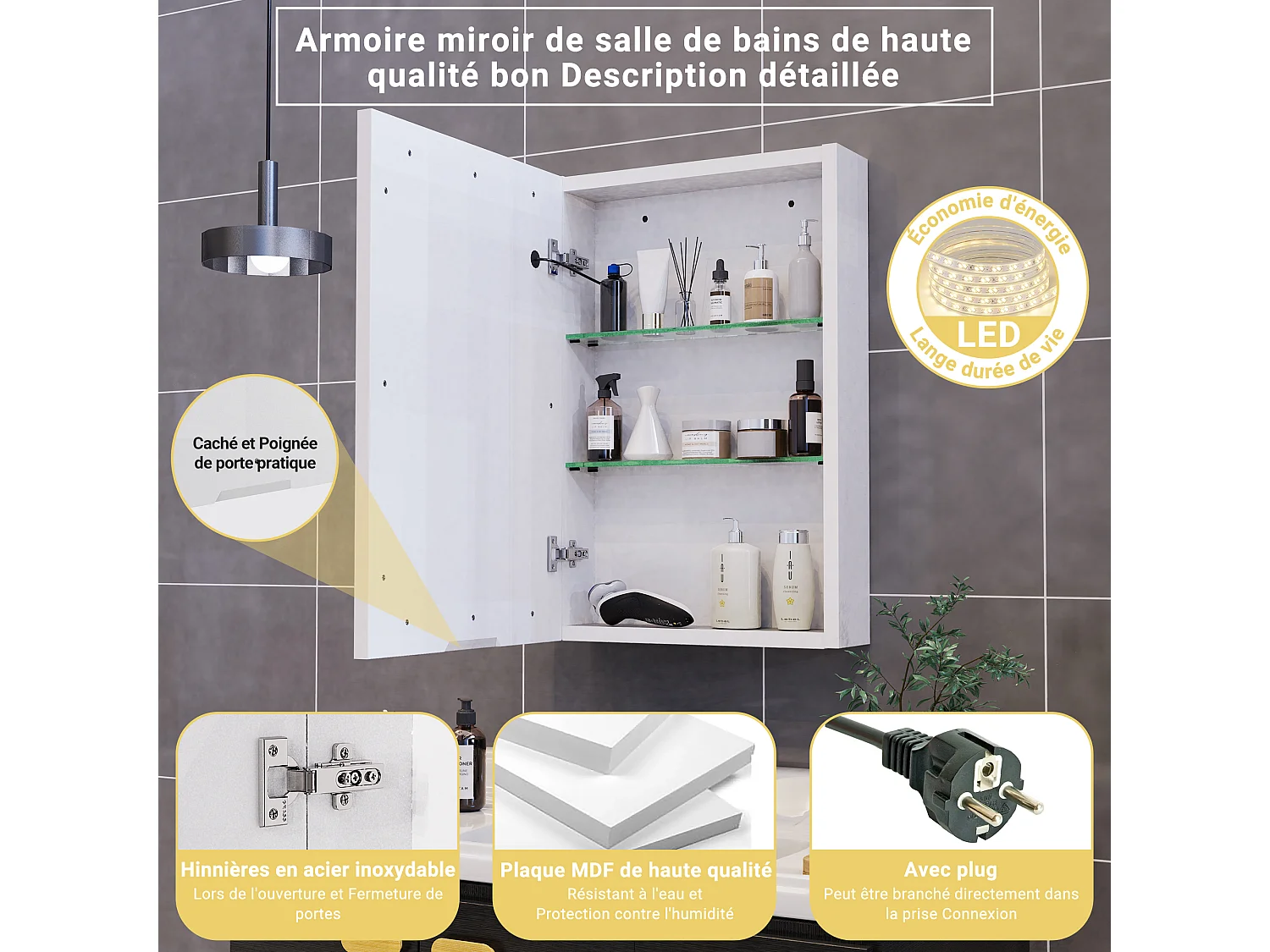 Badezimmerschrank mit 50 x 70 cm großem LED-Spiegel, verstellbaren Regalen und Touch-Schalter – weißes, feuchtigkeitsbeständiges MDF