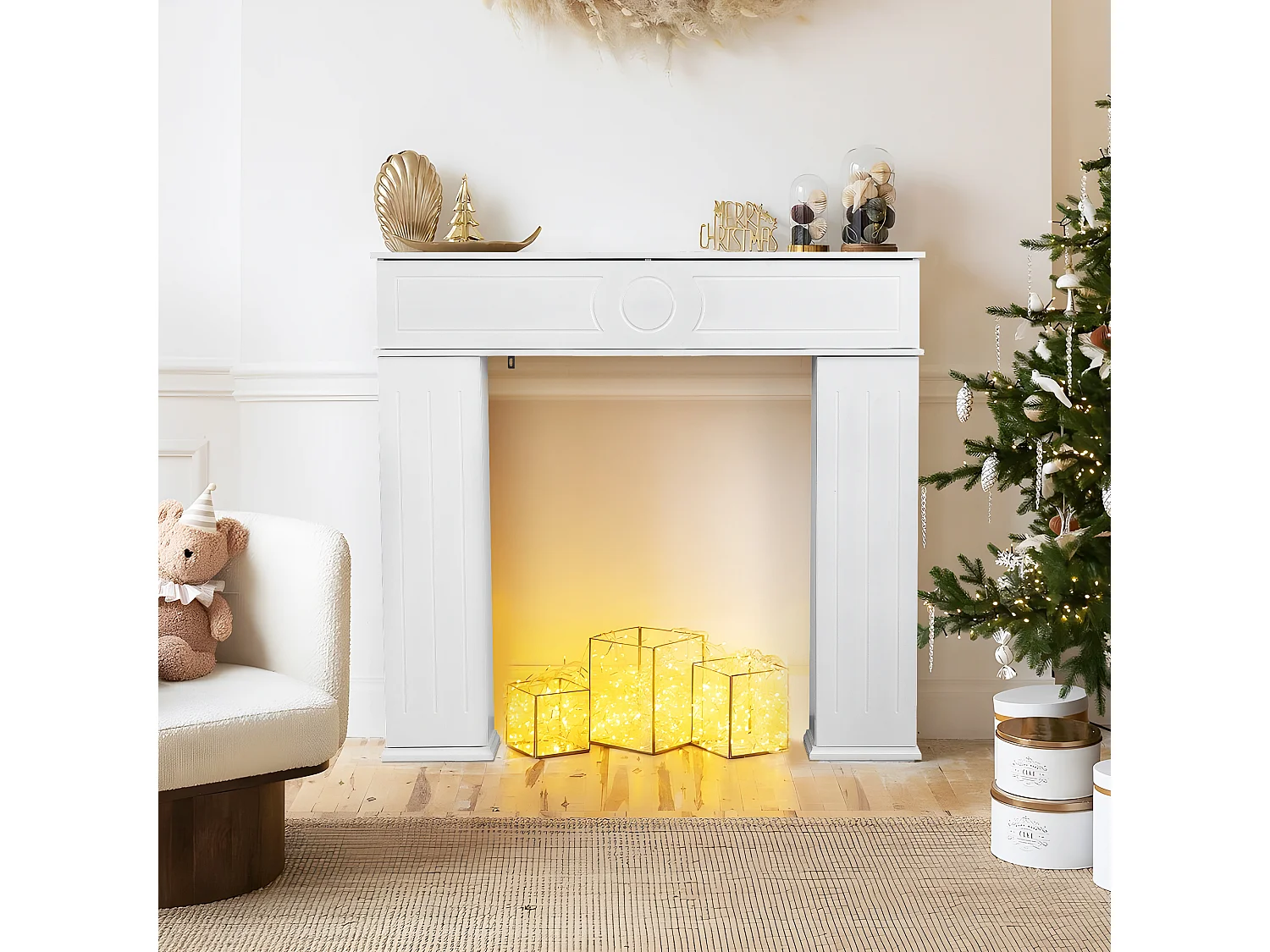 Cheminée décorative blanche à 3 portes et rangement XL – Console en MDF pour salon et chambre