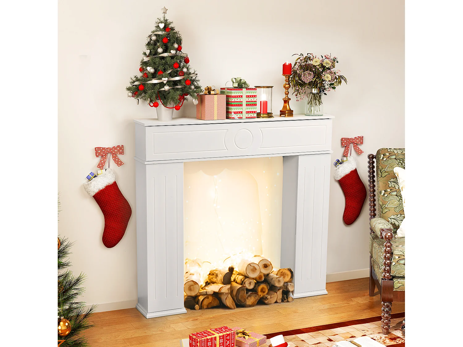 Cheminée décorative blanche à 3 portes et rangement XL – Console en MDF pour salon et chambre