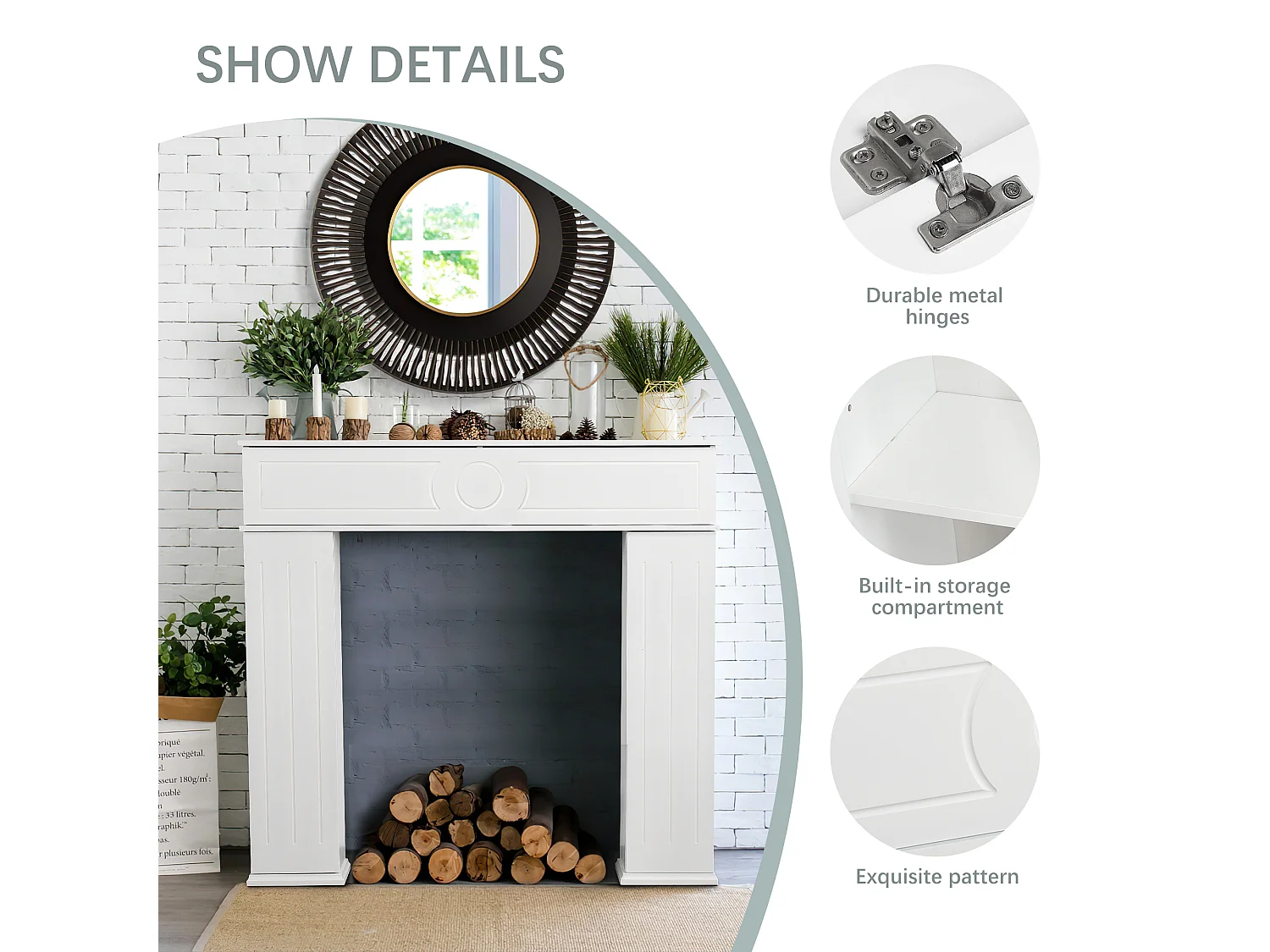 Cheminée décorative blanche à 3 portes et rangement XL – Console en MDF pour salon et chambre