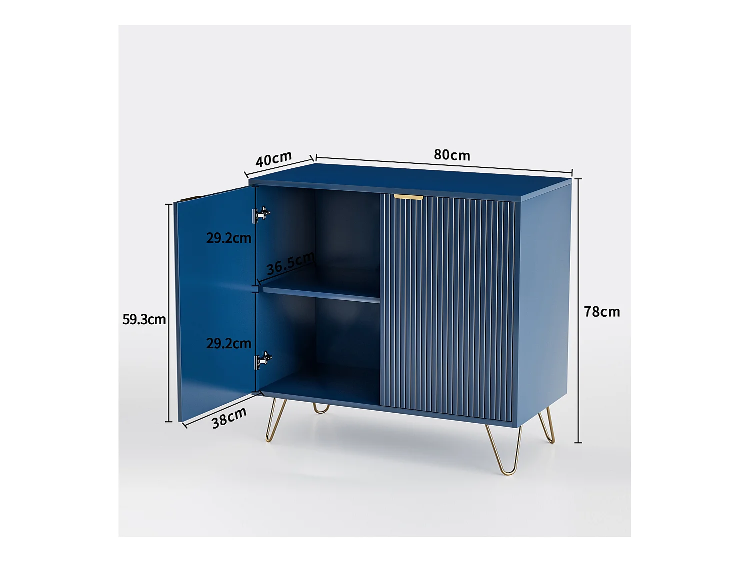 Aparador de dos puertas azul marino con patas doradas: diseño moderno y elegante.