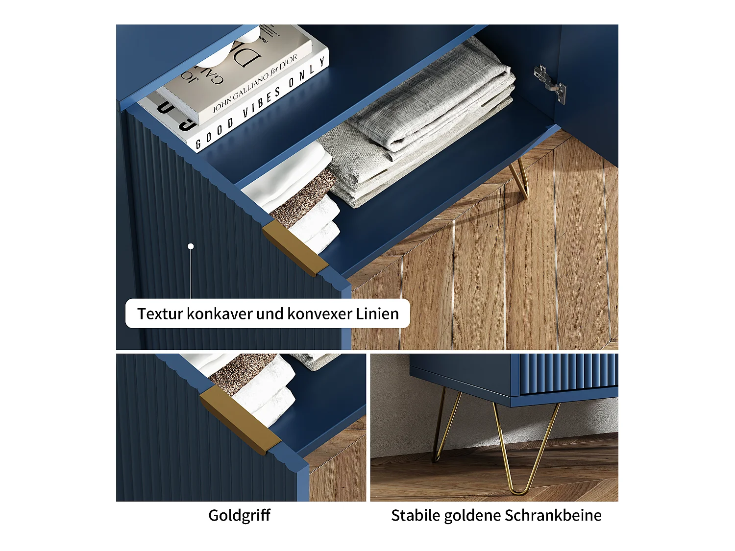 Aparador de dos puertas azul marino con patas doradas: diseño moderno y elegante.