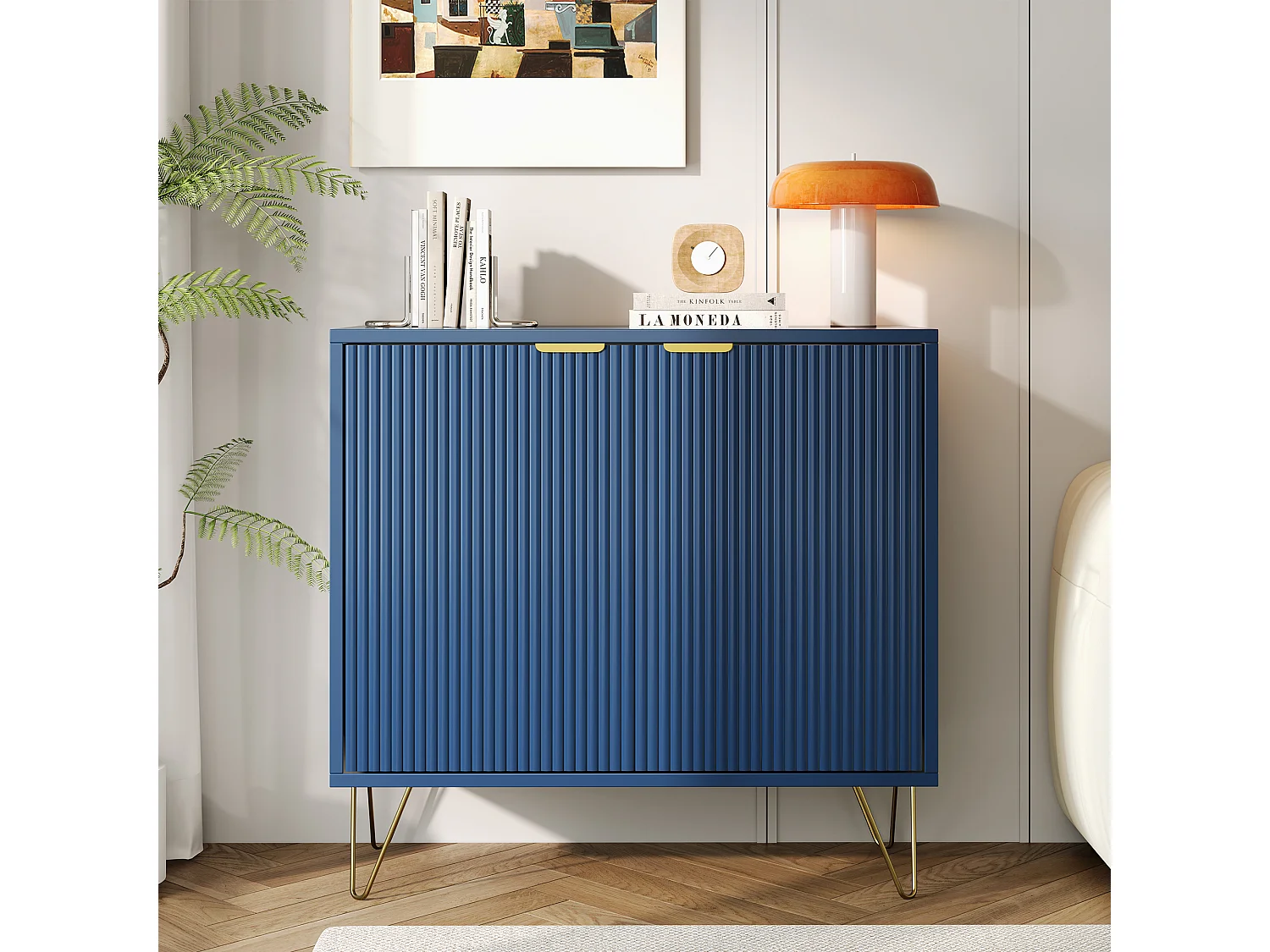 Buffet deux portes bleu marine avec pieds dorés – Design moderne et élégant